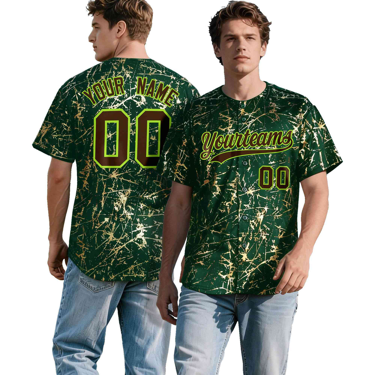 Custom Green Brown Metallic Gold Splatter Breathable&amp;Wrinkle-Resistant Baseball Jersey