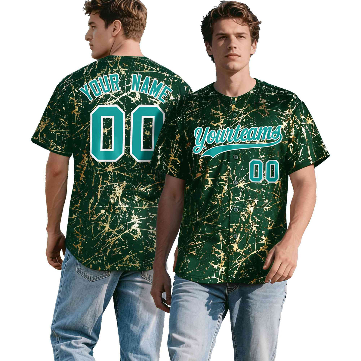 Custom Green Aqua Metallic Gold Splatter Urban Streetwear Baseball Jersey
