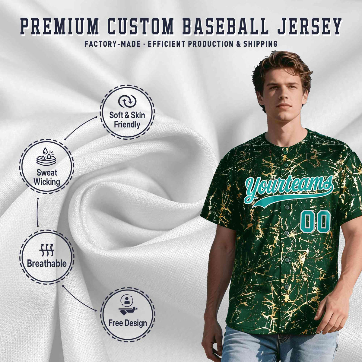 Custom Green Aqua Metallic Gold Splatter Urban Streetwear Baseball Jersey
