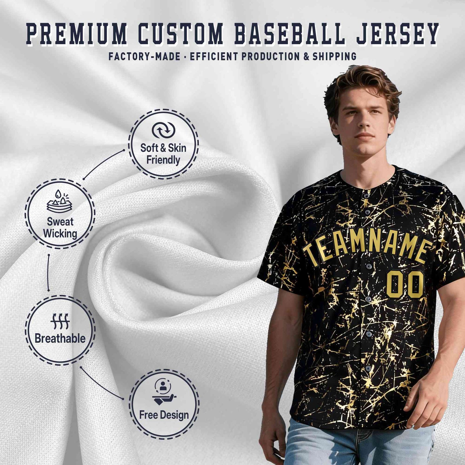 Custom Black Old Gold Shiny Gold Cracked Texture Baseball Jersey