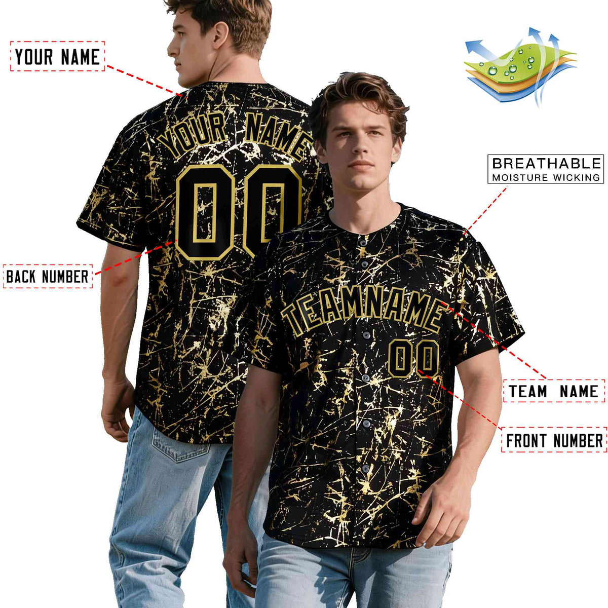Custom Black Old Gold Black&amp;Shiny Gold Cracked Foil Hip Hop Button Down Baseball Jersey