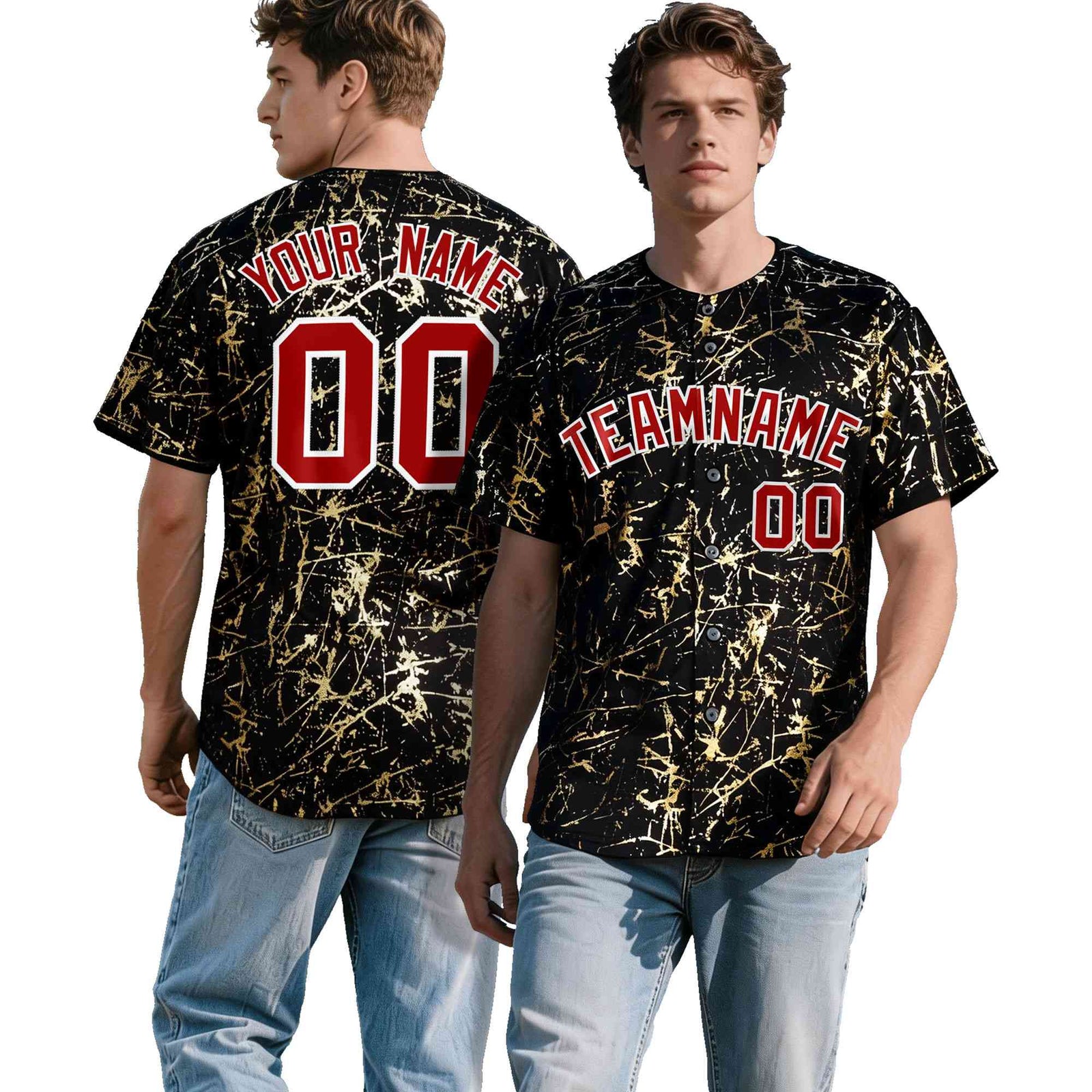 Custom Black Red Metallic Gold Splatter Breathable&Wrinkle-Resistant Baseball Jersey
