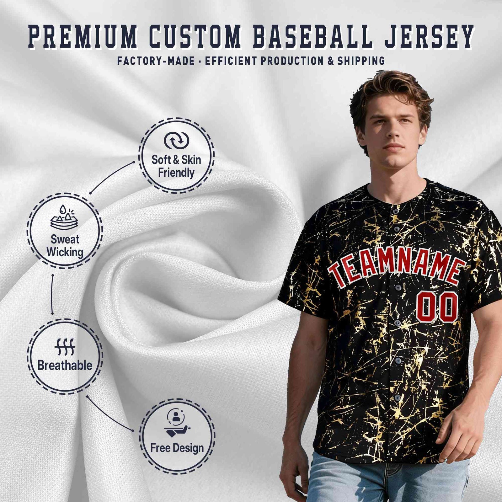 Custom Black Red Metallic Gold Splatter Breathable&Wrinkle-Resistant Baseball Jersey