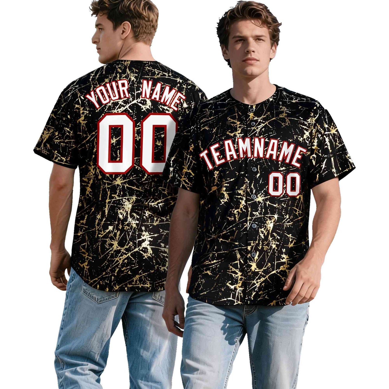 Custom Black White Black&Gold Marble Print Clubwear Party Streetwear Baseball Jersey