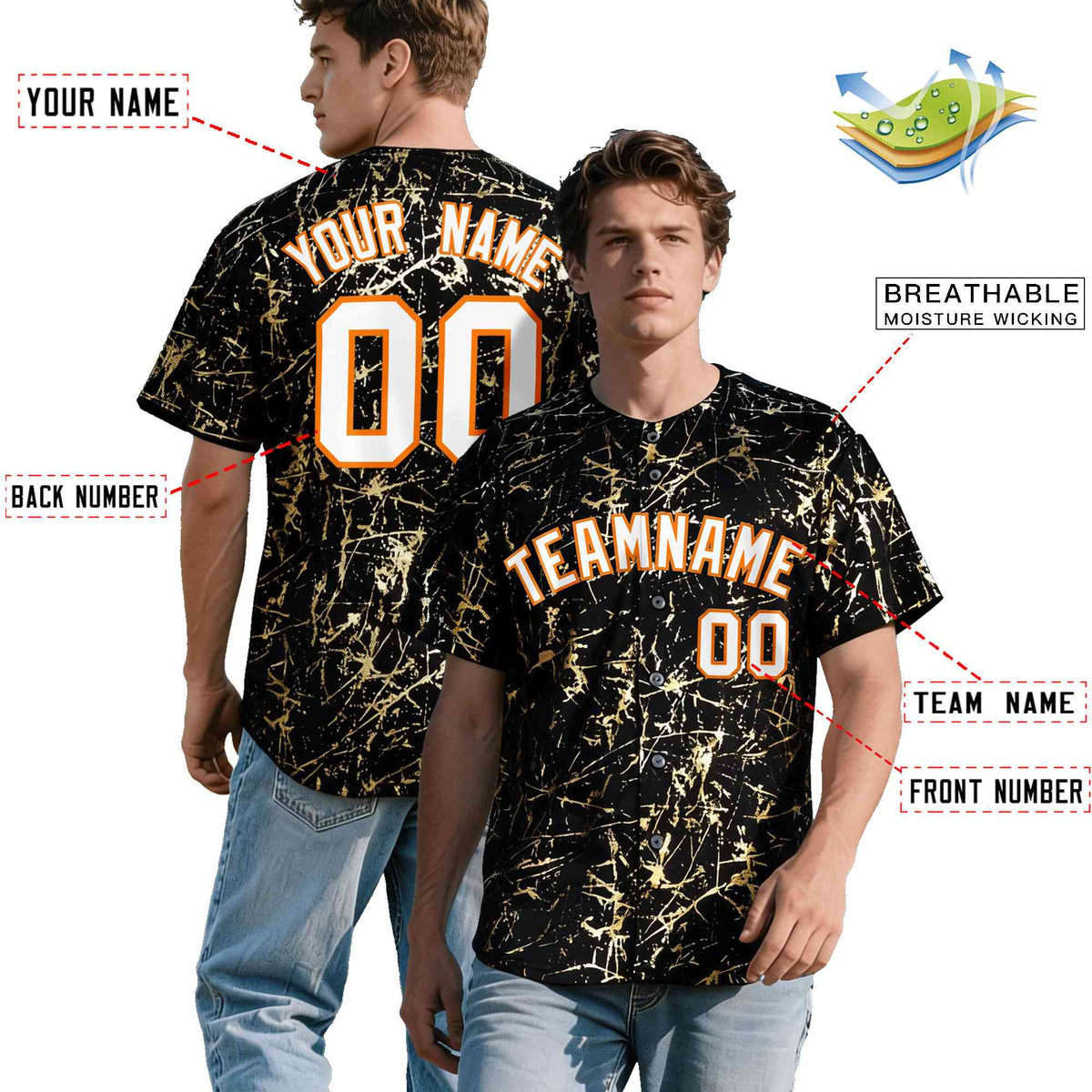 Custom Black White Black&amp;Shiny Gold Cracked Foil Breathable Mesh Streetwear Baseball Jersey