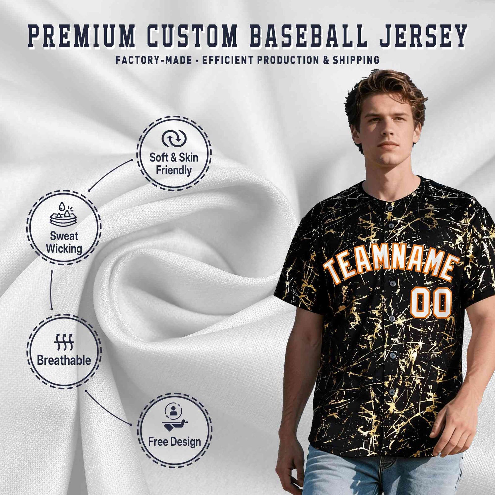 Custom Black White Black&Shiny Gold Cracked Foil Breathable Mesh Streetwear Baseball Jersey