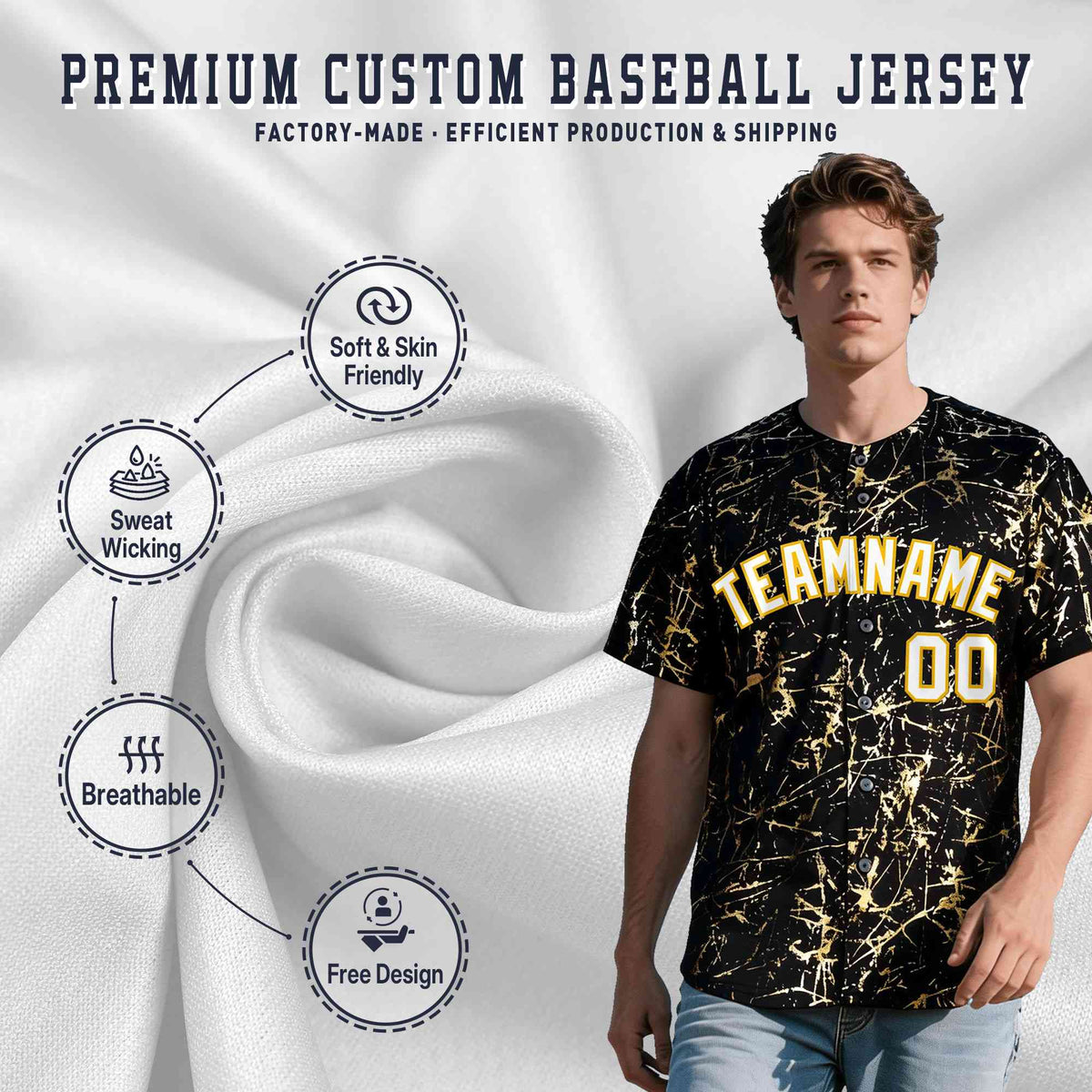 Custom Black White Black&amp;Shiny Gold Cracked Foil Hip Hop Button Down Baseball Jersey