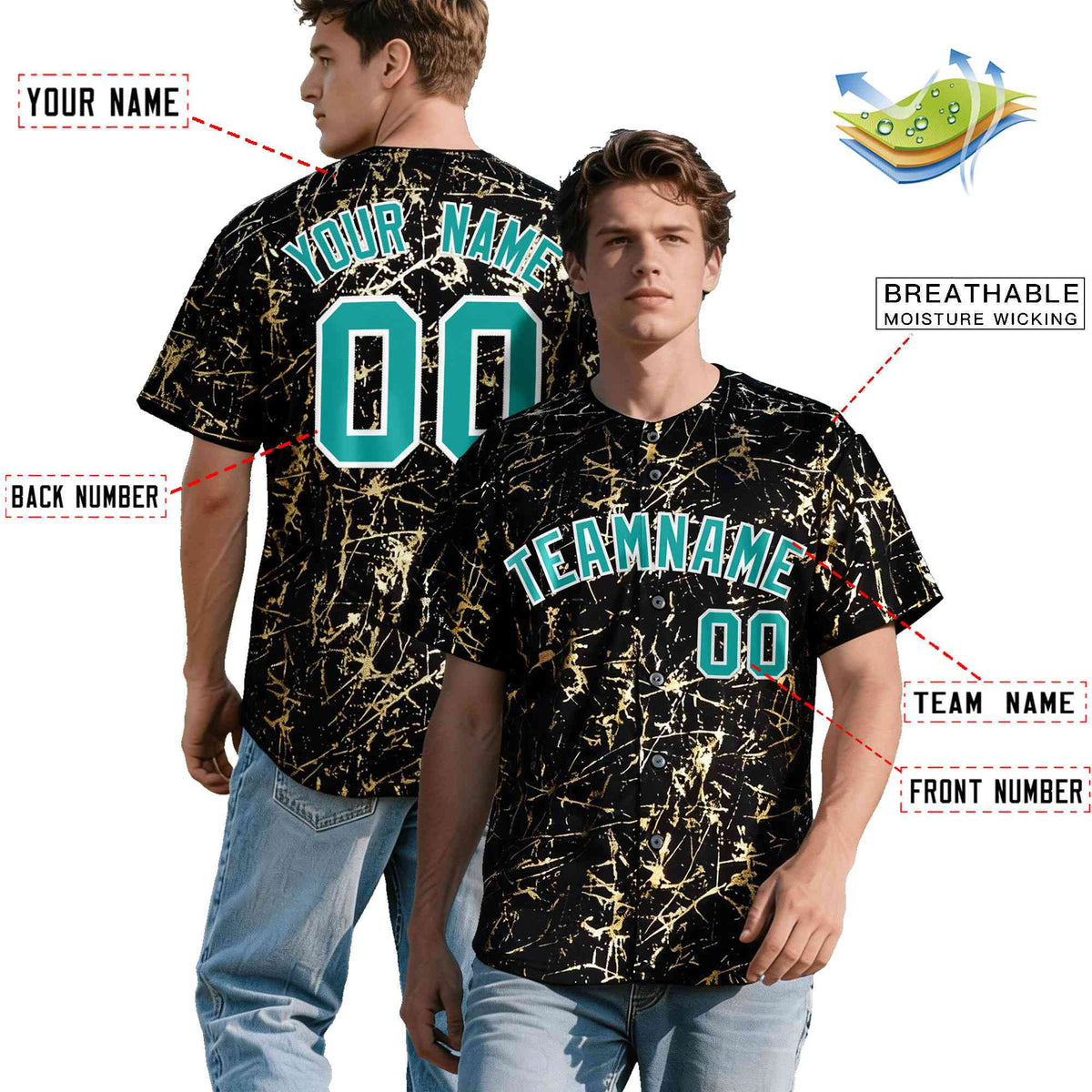 Custom Black Aqua Metallic Gold Splatter Urban Streetwear Baseball Jersey