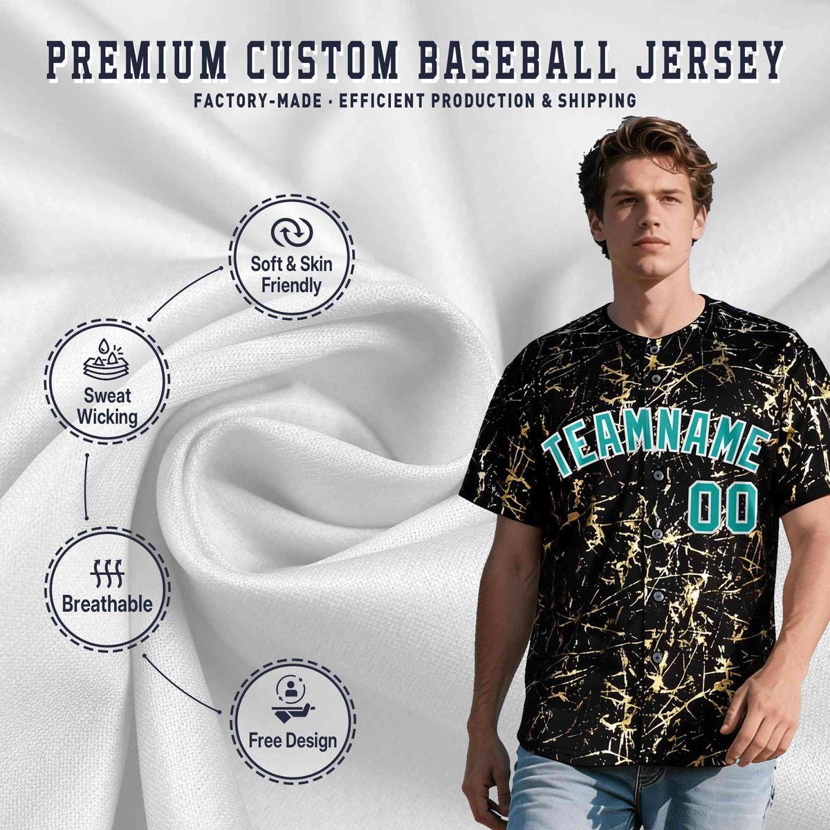Custom Black Aqua Metallic Gold Splatter Urban Streetwear Baseball Jersey