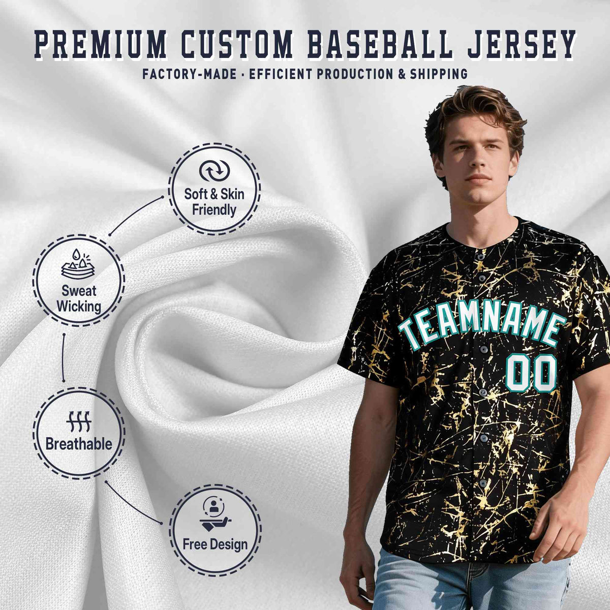 Custom Black White Black&amp;Shiny Gold Cracked Foil Breathable Mesh Streetwear Baseball Jersey