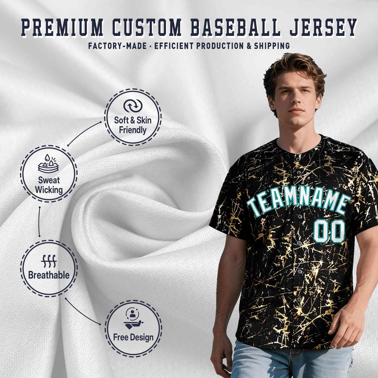 Custom Black White Black&Shiny Gold Cracked Foil Breathable Mesh Streetwear Baseball Jersey