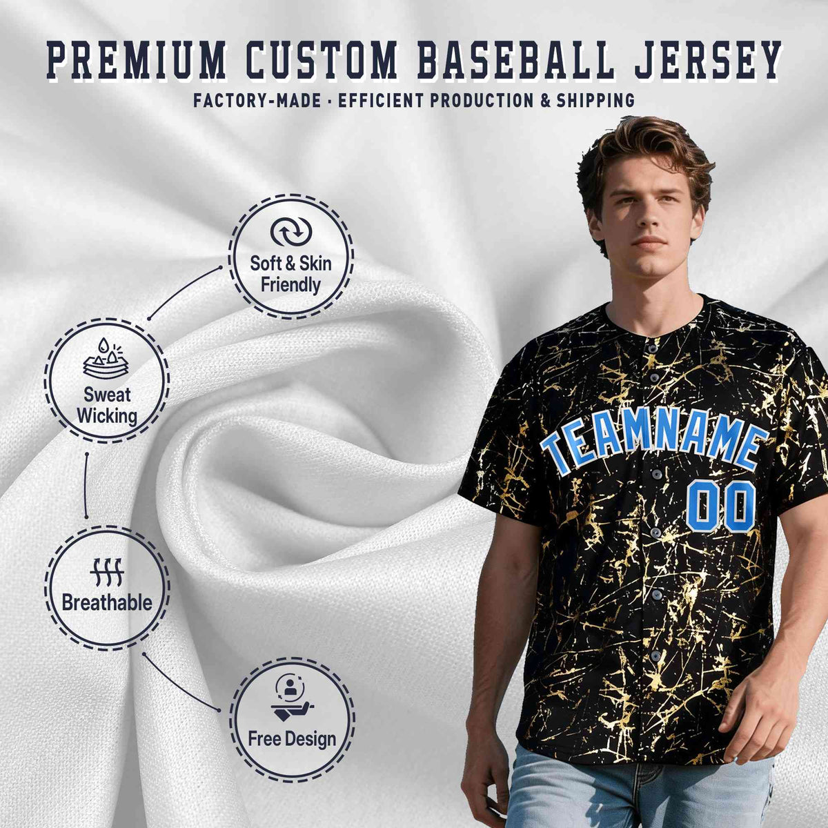 Custom Black Light Blue Shiny Gold Cracked Texture Baseball Jersey