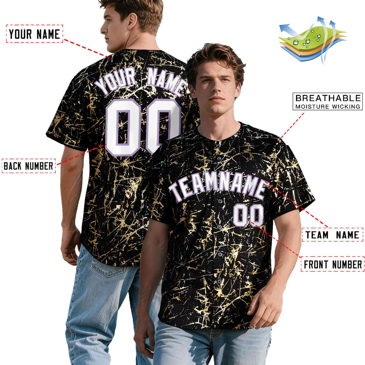 Custom Black White Black&amp;Gold Marble Print Clubwear Party Streetwear Baseball Jersey