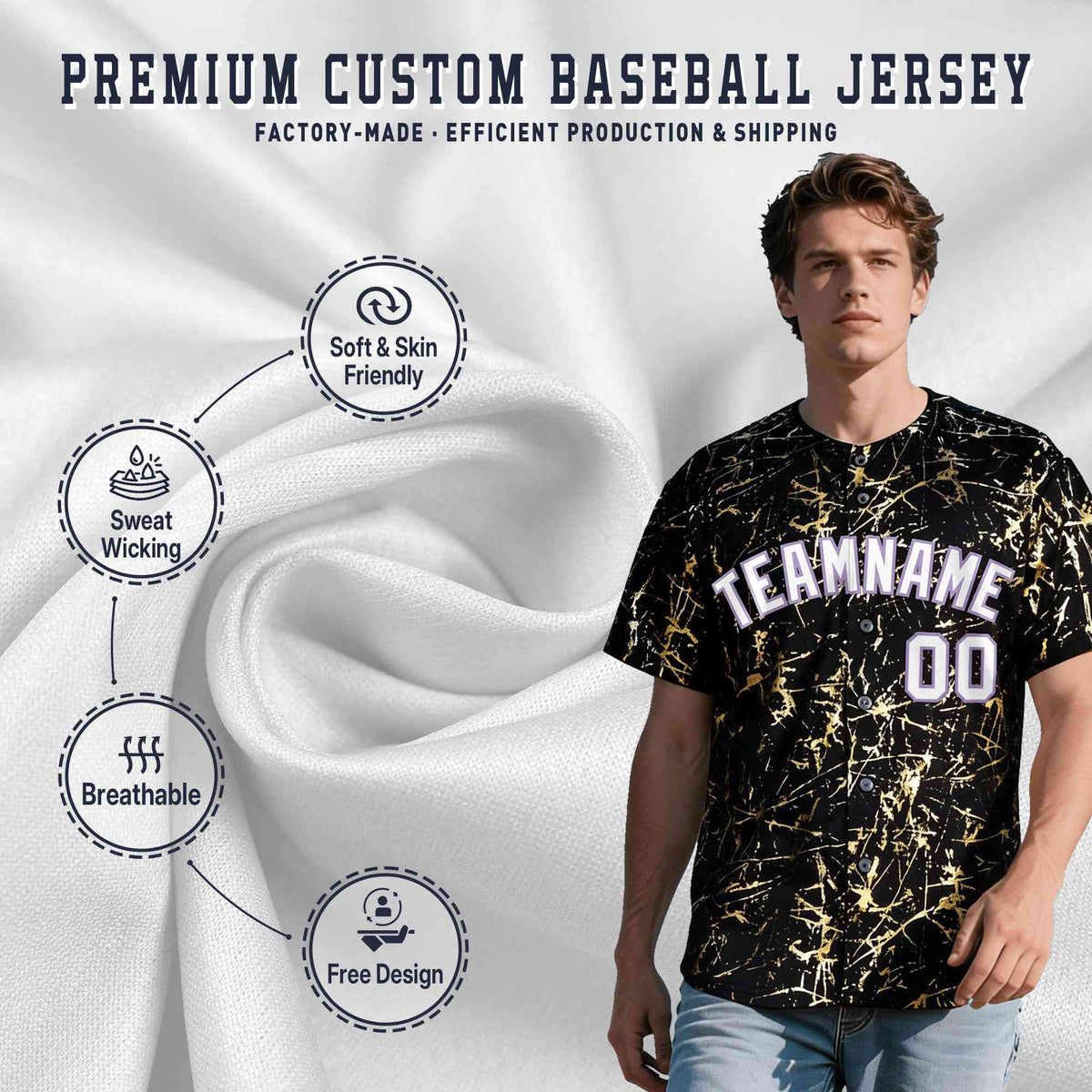 Custom Black White Black&amp;Gold Marble Print Clubwear Party Streetwear Baseball Jersey