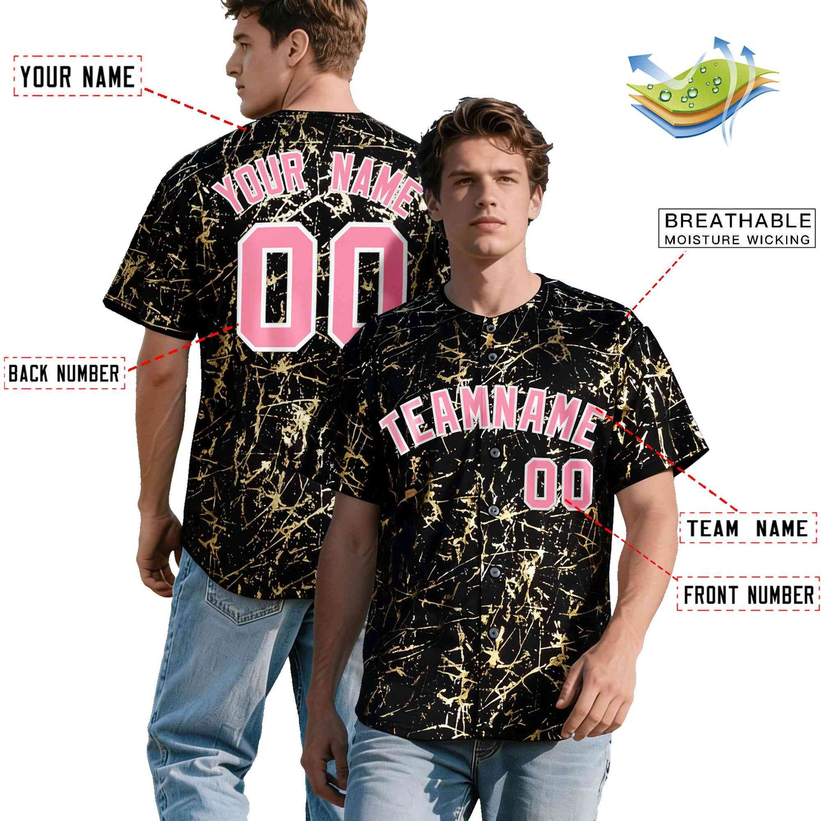 Custom Black Light Pink Metallic Gold Splatter Urban Streetwear Baseball Jersey