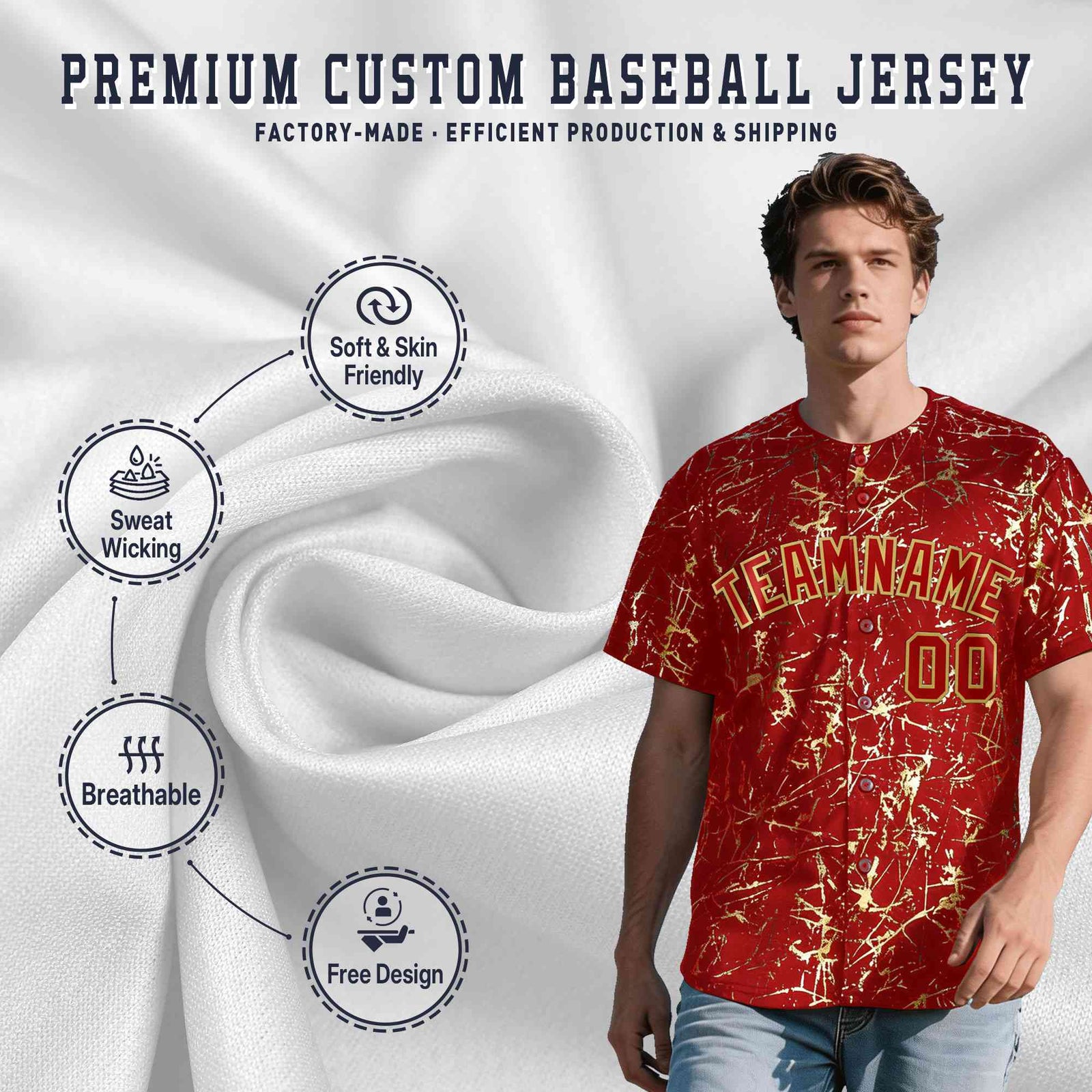 Custom Red Old Gold Metallic Gold Splatter Breathable&Wrinkle-Resistant Baseball Jersey