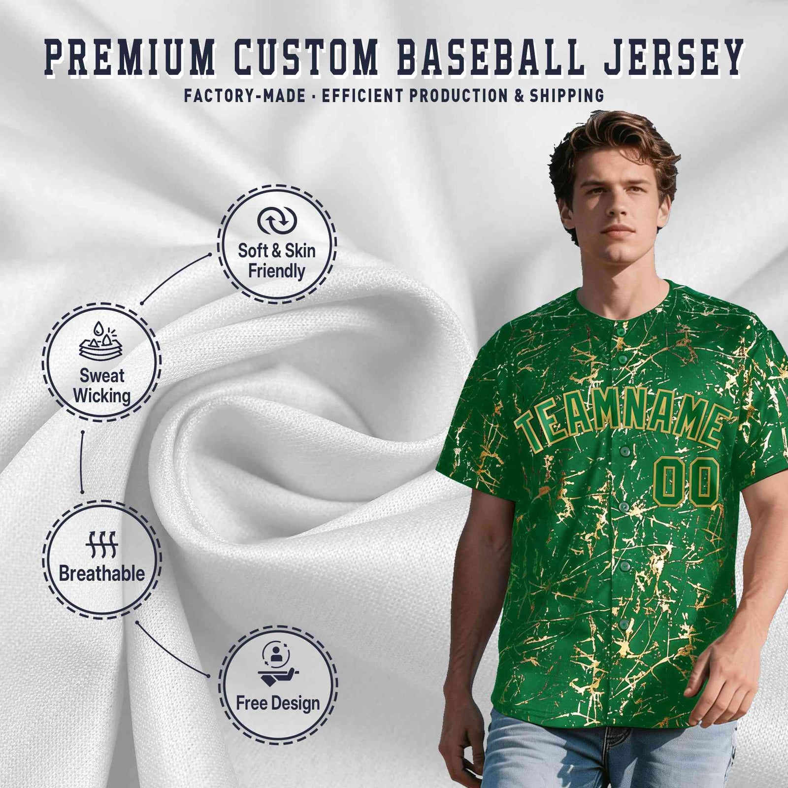 Custom Kelly Green Old Gold Shiny Gold Cracked Texture Baseball Jersey