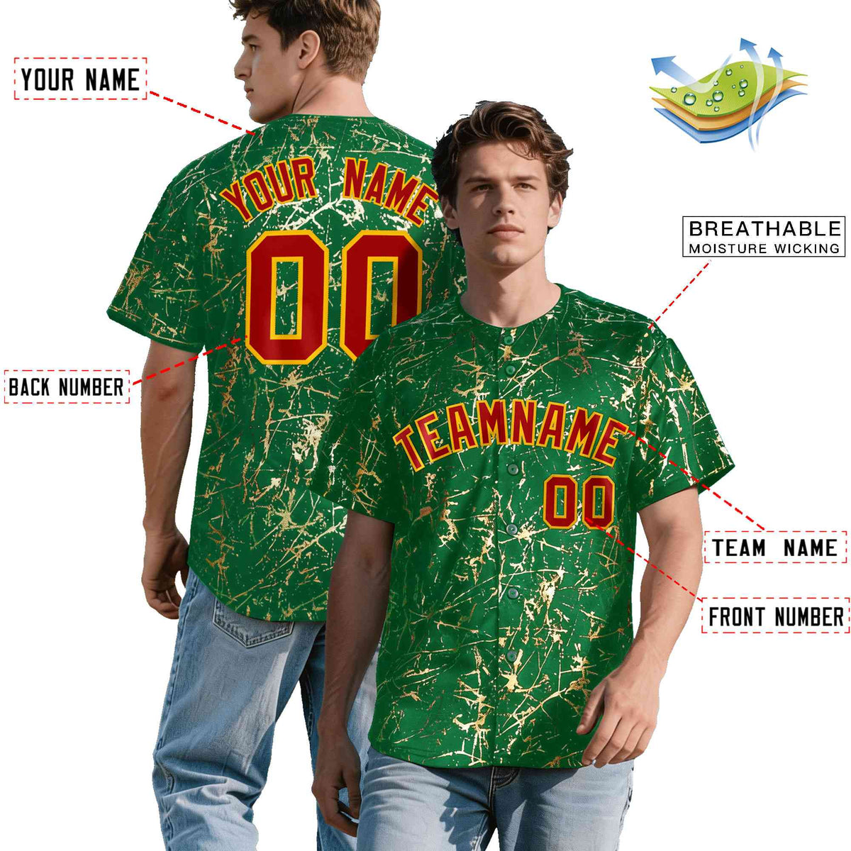 Custom Kelly Green Red Metallic Gold Splatter Breathable&amp;Wrinkle-Resistant Baseball Jersey