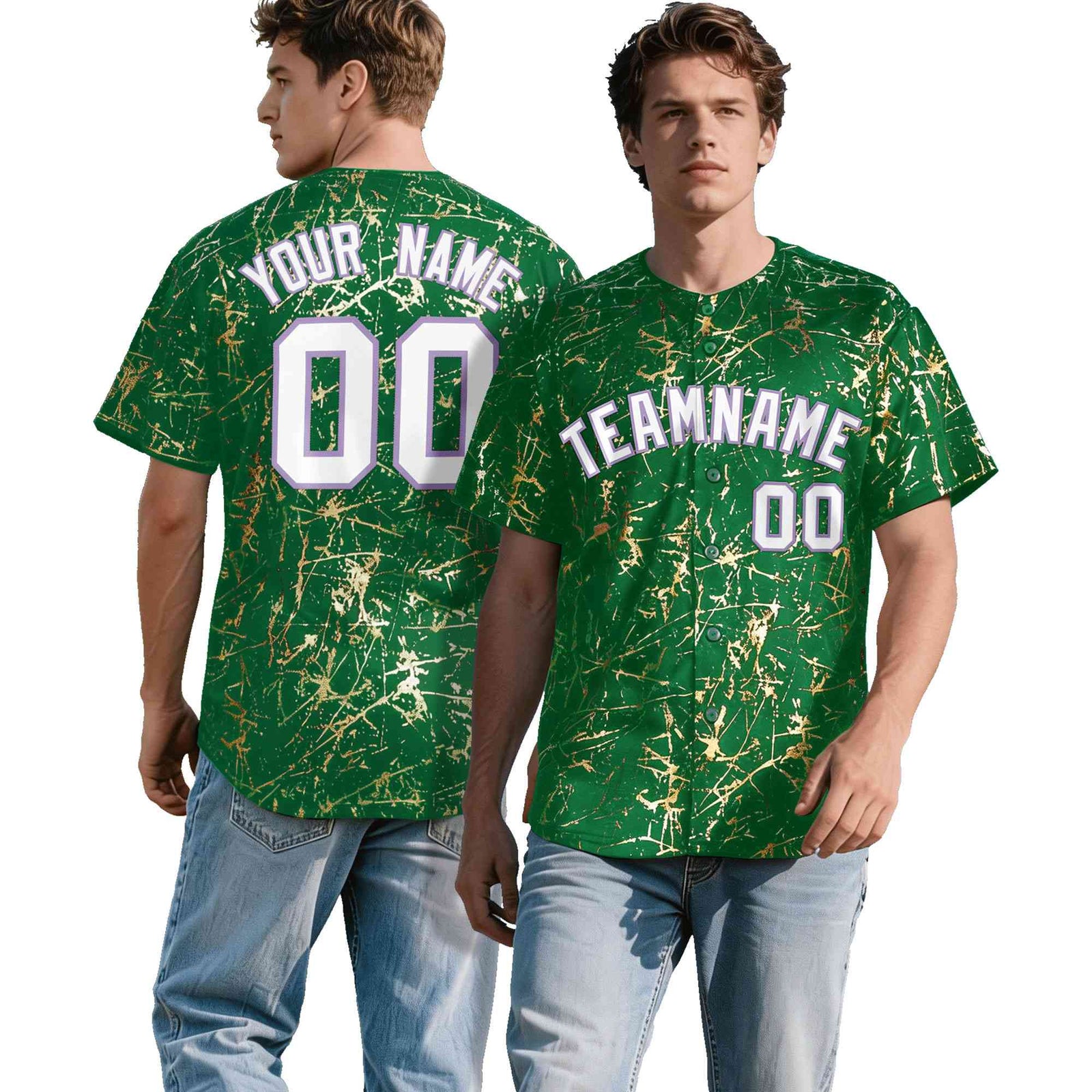 Custom Kelly Green White Black&Shiny Gold Cracked Foil Breathable Mesh Streetwear Baseball Jersey