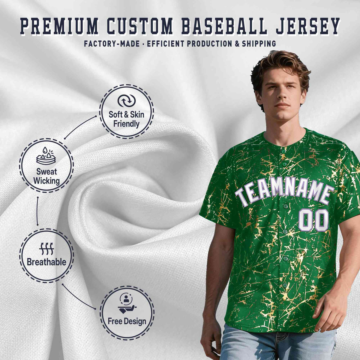 Custom Kelly Green White Black&amp;Shiny Gold Cracked Foil Breathable Mesh Streetwear Baseball Jersey