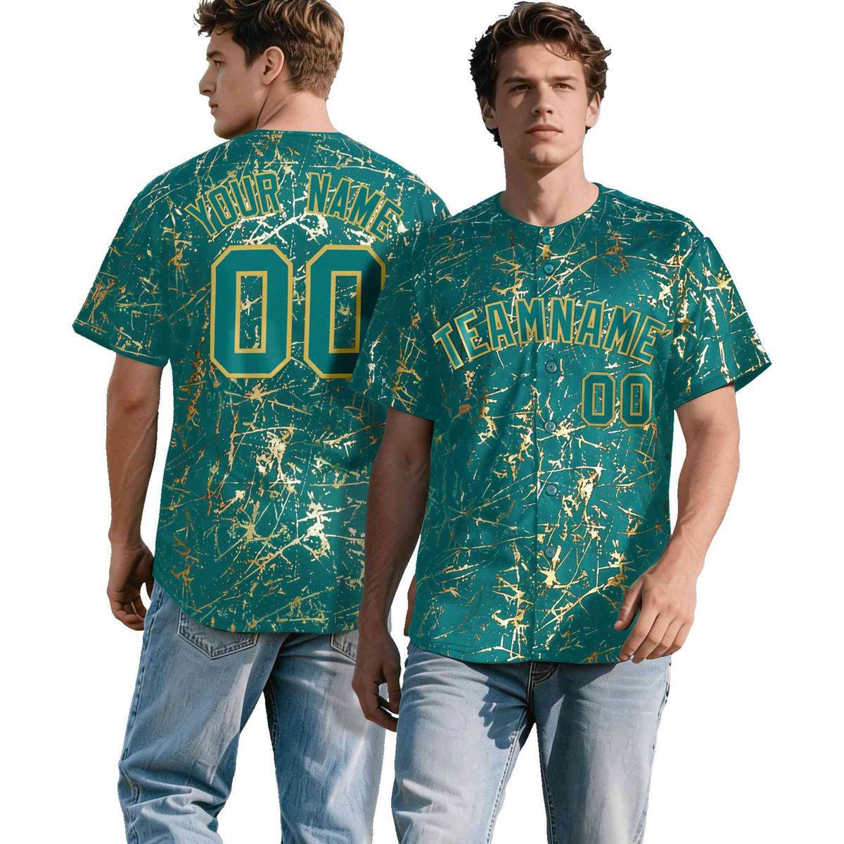 Custom Teal Old Gold Shiny Gold Cracked Texture Baseball Jersey