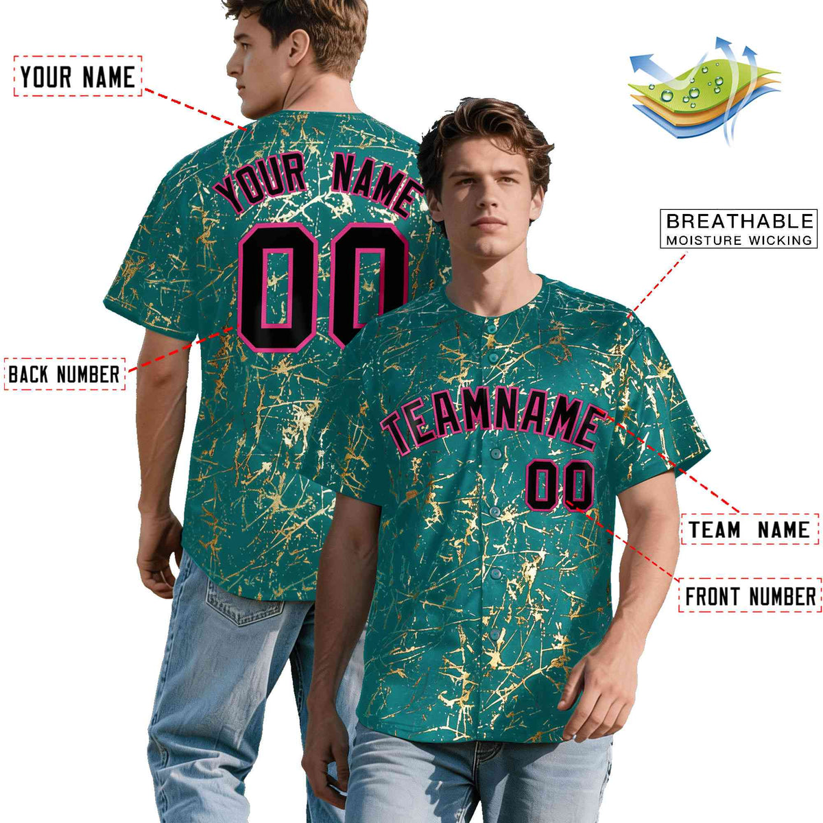 Custom Teal Black Metallic Gold Splatter Breathable&amp;Wrinkle-Resistant Baseball Jersey