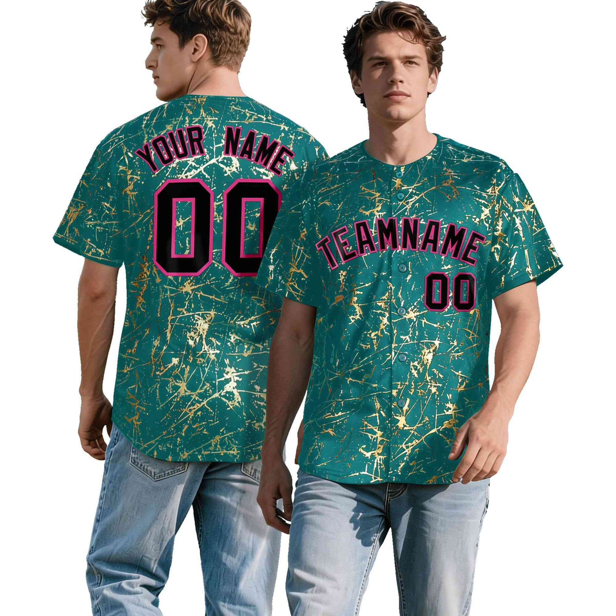 Custom Teal Black Metallic Gold Splatter Breathable&amp;Wrinkle-Resistant Baseball Jersey