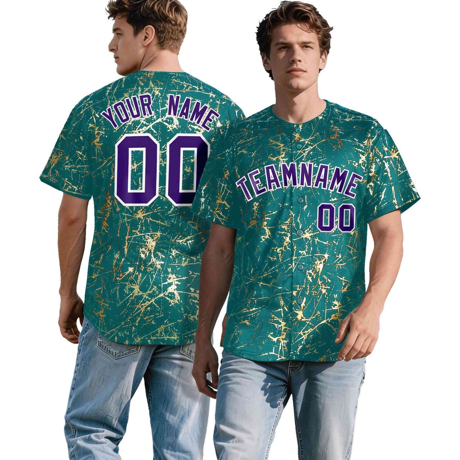 Custom Teal Purple Metallic Gold Splatter Urban Streetwear Baseball Jersey