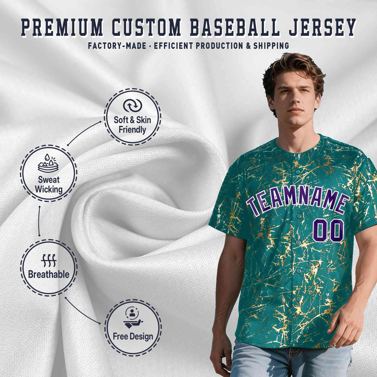 Custom Teal Purple Metallic Gold Splatter Urban Streetwear Baseball Jersey