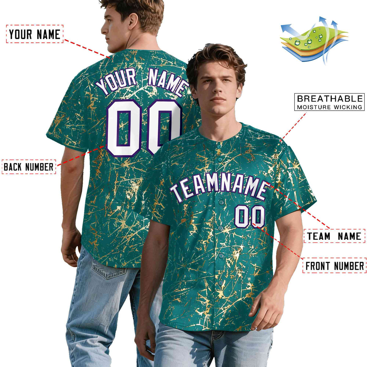 Custom Teal White Black&amp;Shiny Gold Cracked Foil Breathable Mesh Streetwear Baseball Jersey