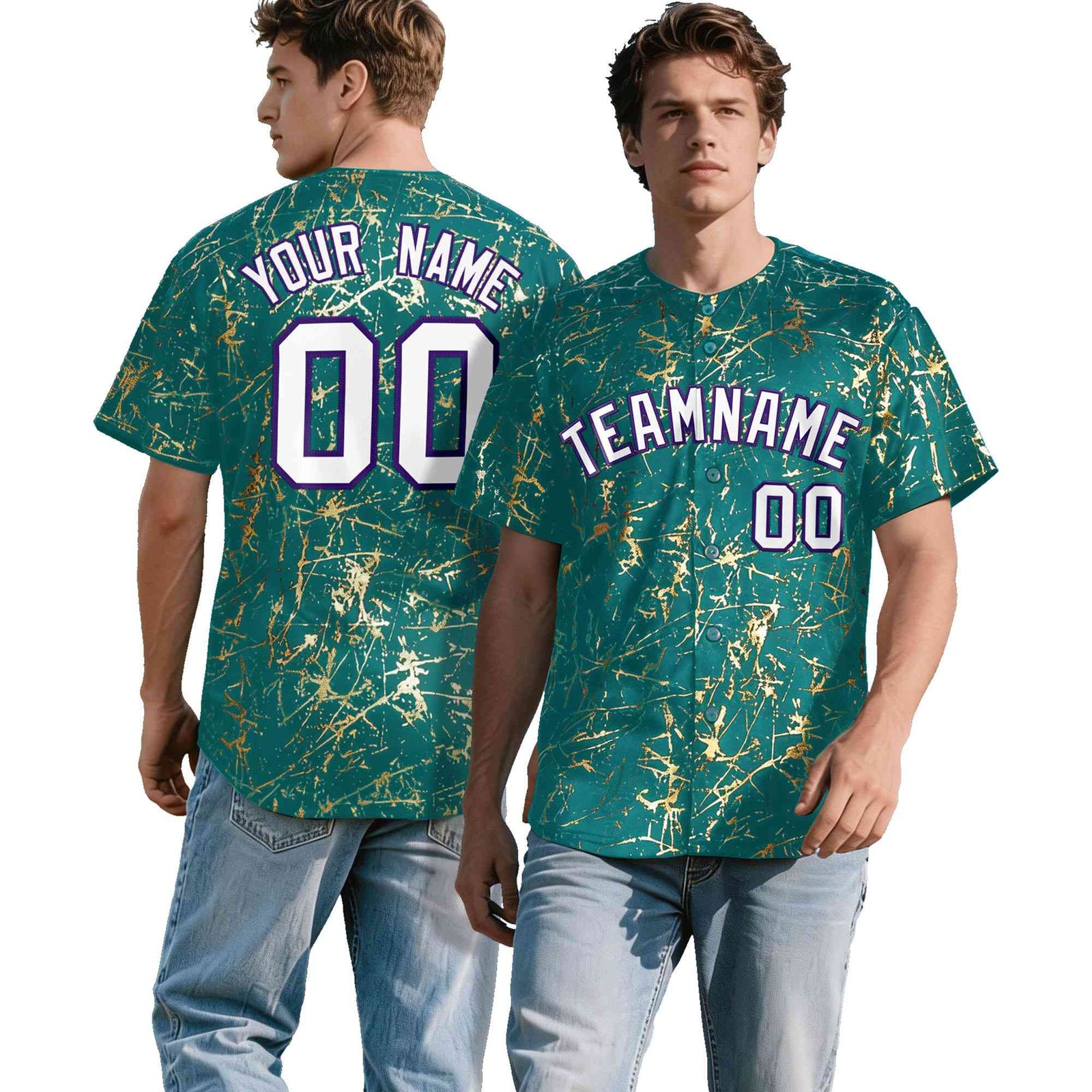 Custom Teal White Black&Shiny Gold Cracked Foil Breathable Mesh Streetwear Baseball Jersey