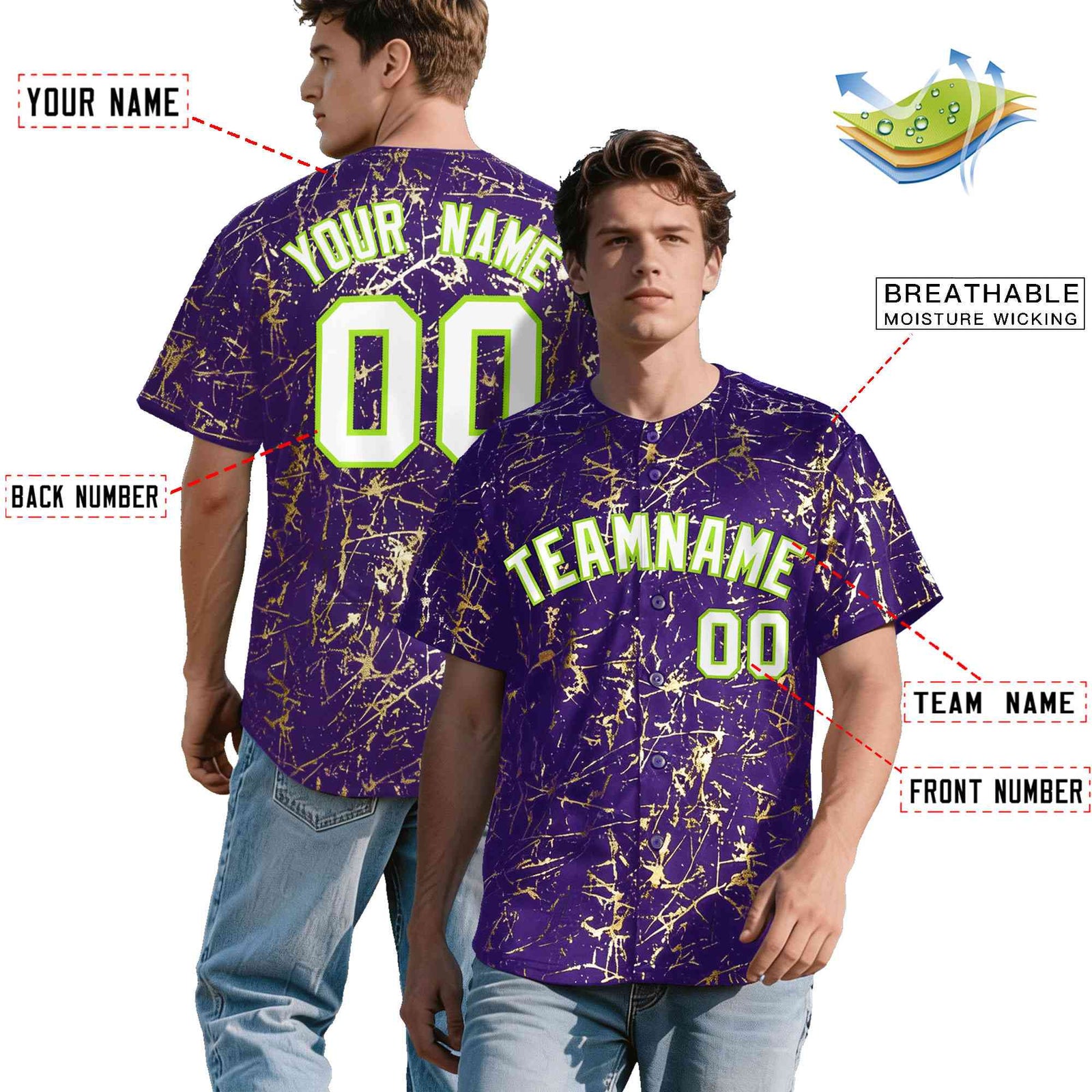 Custom Purple White Black&Shiny Gold Cracked Foil Breathable Mesh Streetwear Baseball Jersey