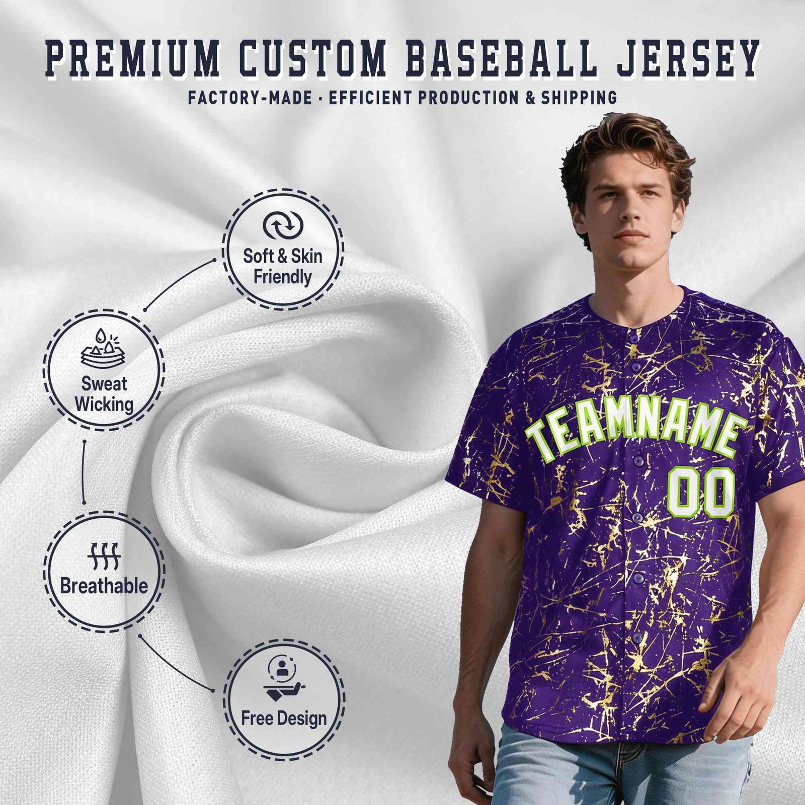 Custom Purple White Black&Shiny Gold Cracked Foil Breathable Mesh Streetwear Baseball Jersey