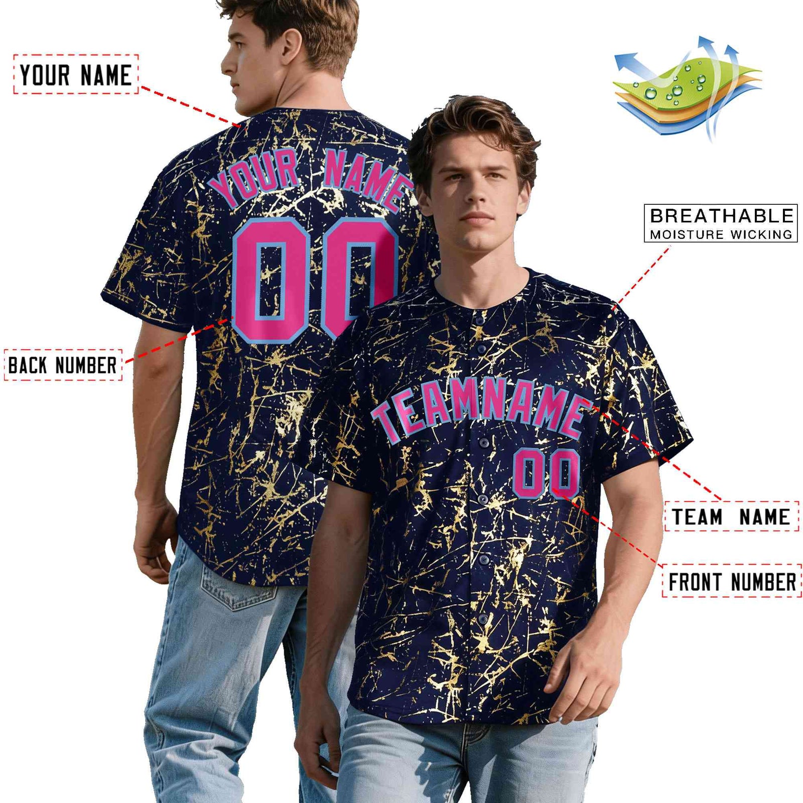Custom Navy Rose Red Metallic Gold Splatter Breathable&Wrinkle-Resistant Baseball Jersey