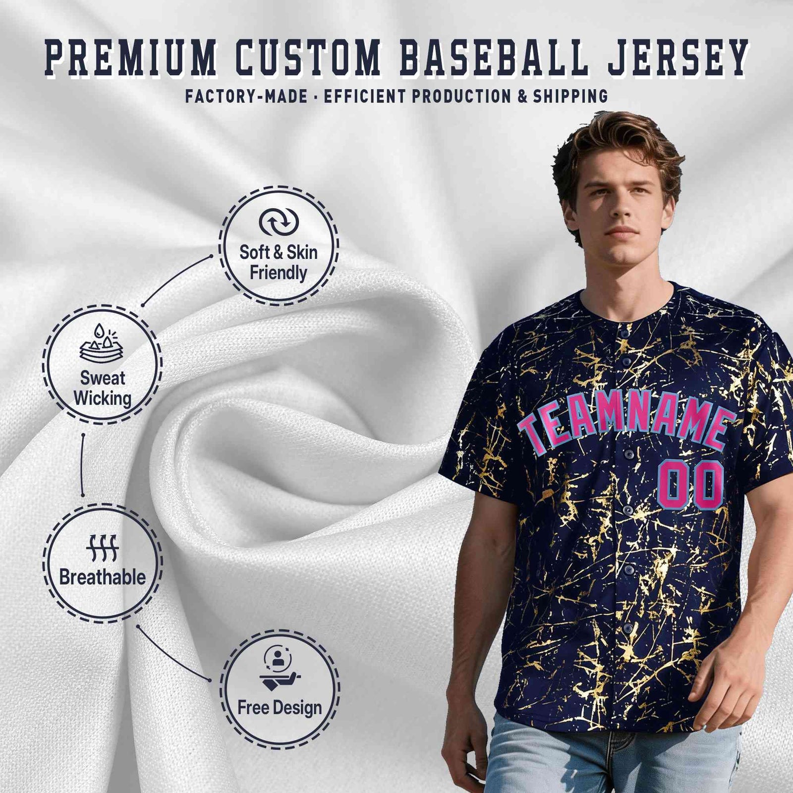 Custom Navy Rose Red Metallic Gold Splatter Breathable&Wrinkle-Resistant Baseball Jersey