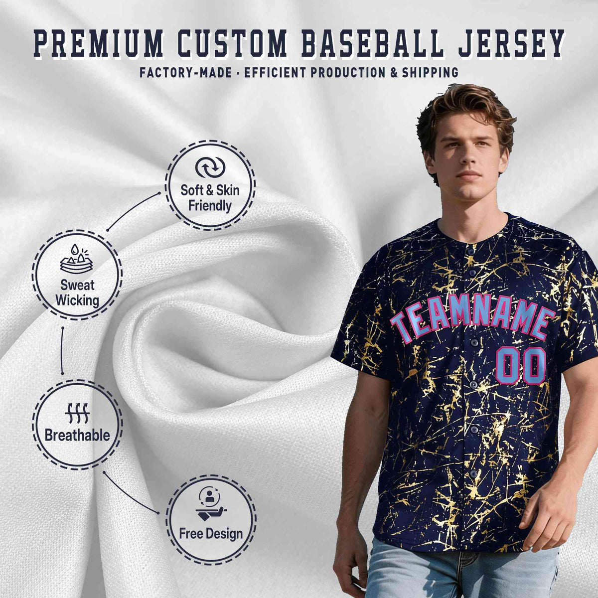 Custom Navy Powder Blue Black&amp;Gold Marble Print Clubwear Party Streetwear Baseball Jersey