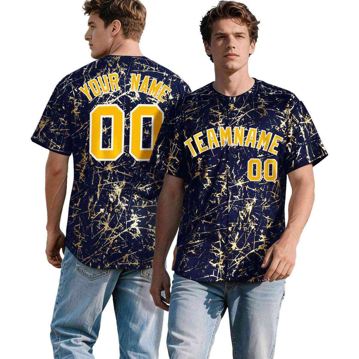 Custom Navy Yellow Metallic Gold Splatter Urban Streetwear Baseball Jersey