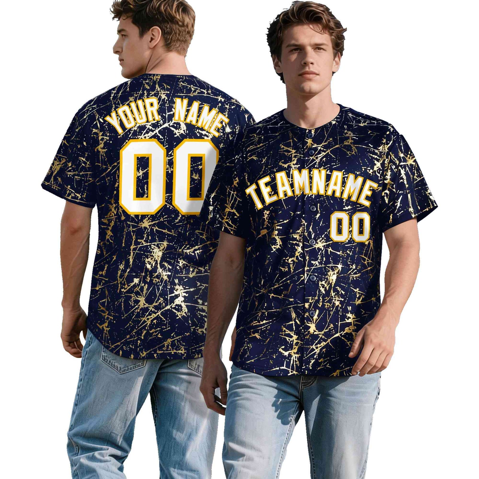 Custom Navy White Black&Shiny Gold Cracked Foil Breathable Mesh Streetwear Baseball Jersey