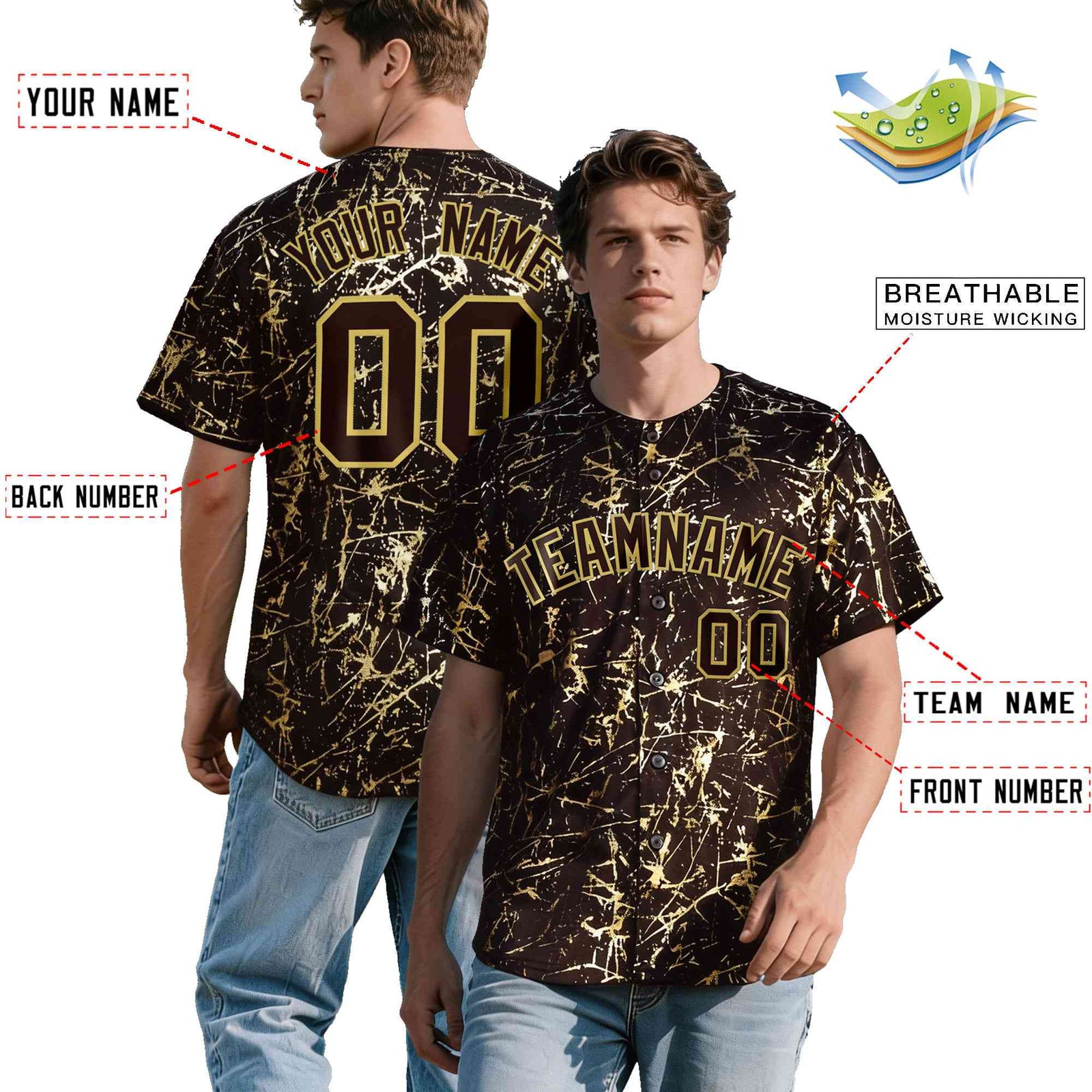 Custom Brown Old Gold Shiny Gold Cracked Texture Baseball Jersey
