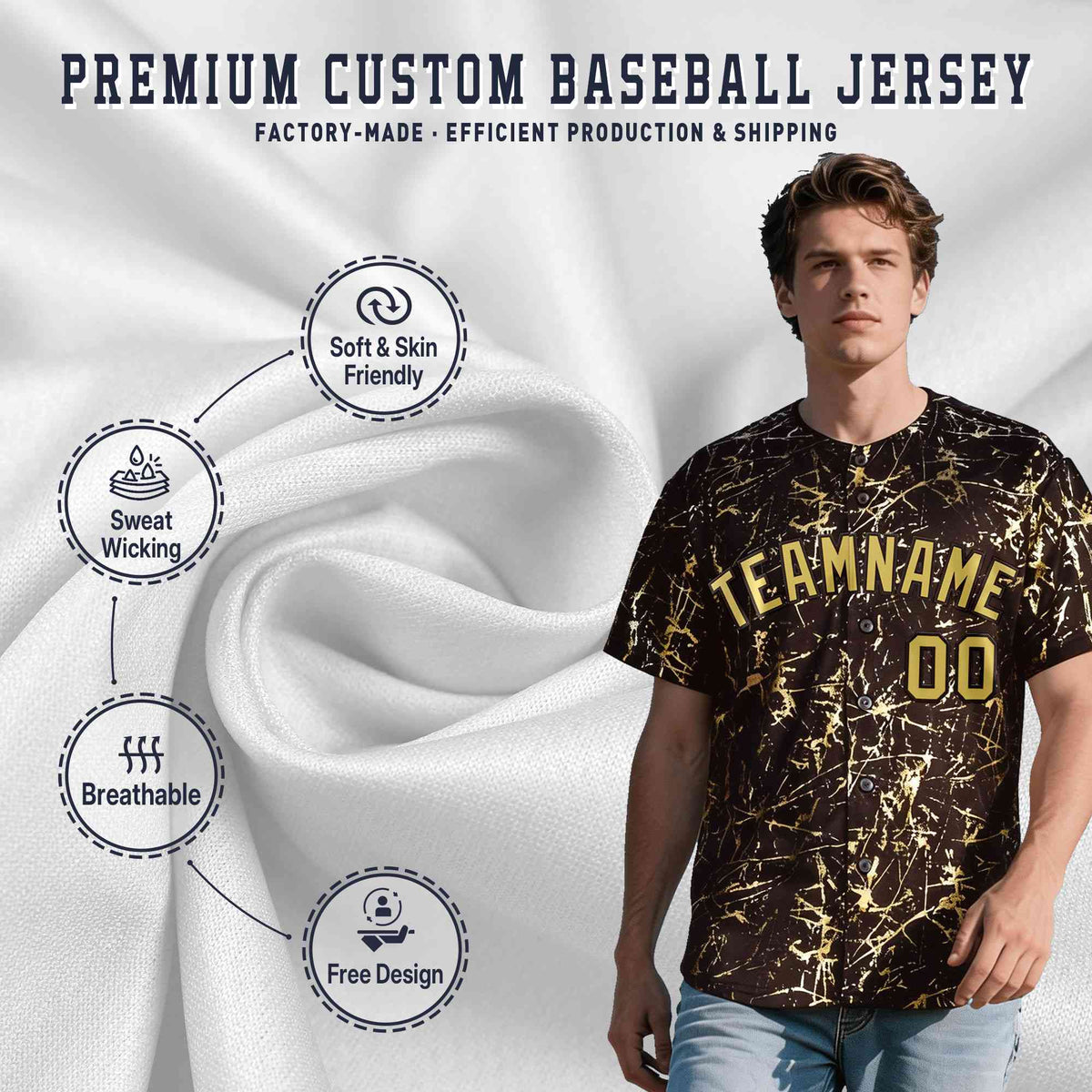 Custom Brown Old Gold Black&amp;Shiny Gold Cracked Foil Hip Hop Button Down Baseball Jersey