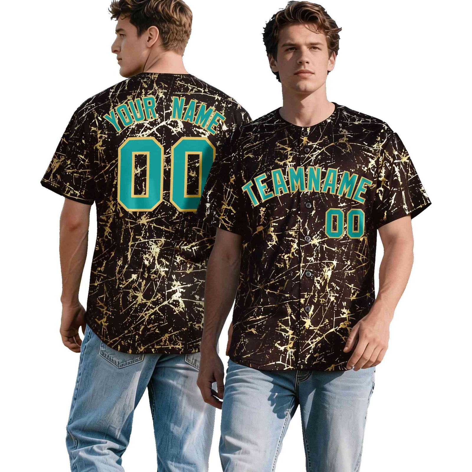 Custom Brown Aqua Metallic Gold Splatter Breathable&Wrinkle-Resistant Baseball Jersey