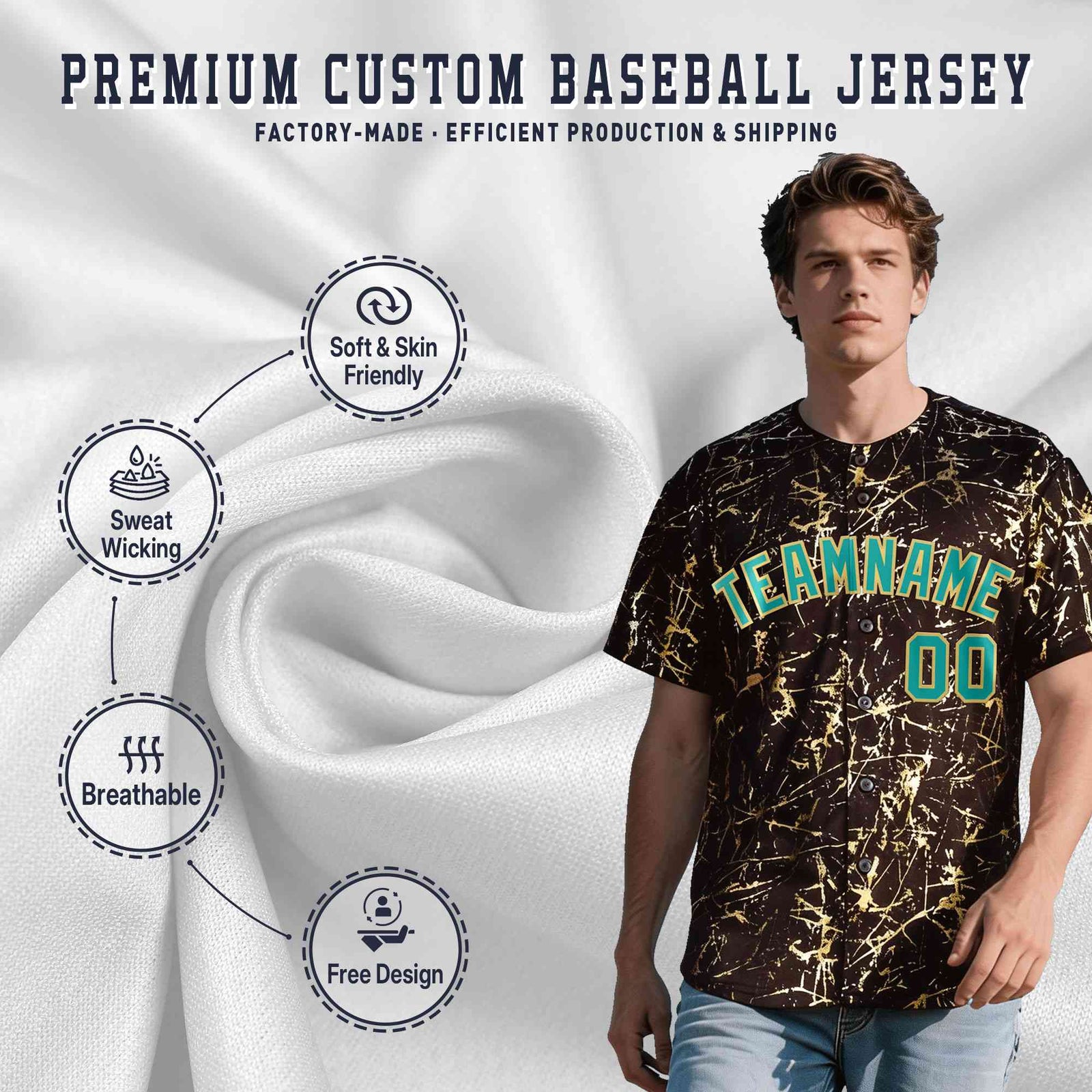 Custom Brown Aqua Metallic Gold Splatter Breathable&Wrinkle-Resistant Baseball Jersey