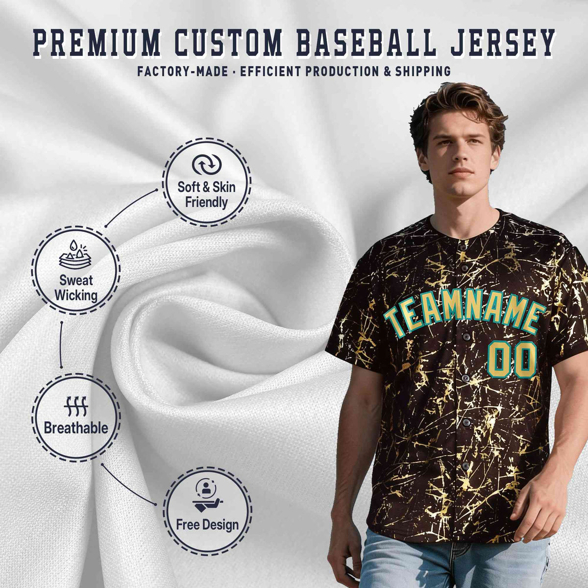 Custom Brown Khaki Black&amp;Gold Marble Print Clubwear Party Streetwear Baseball Jersey