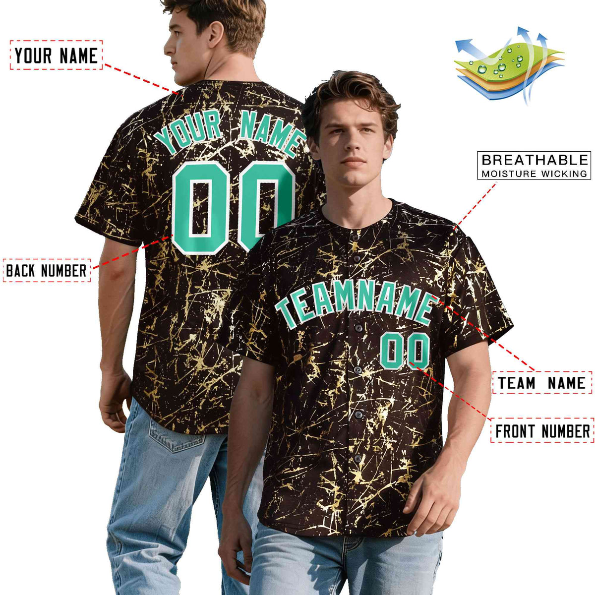Custom Crimson Bright Green Metallic Gold Splatter Urban Streetwear Baseball Jersey