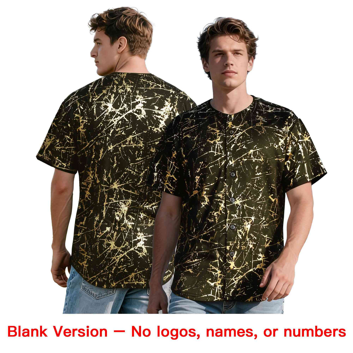 Custom Olive Old Gold Black&amp;Shiny Gold Cracked Foil Hip Hop Button Down Baseball Jersey