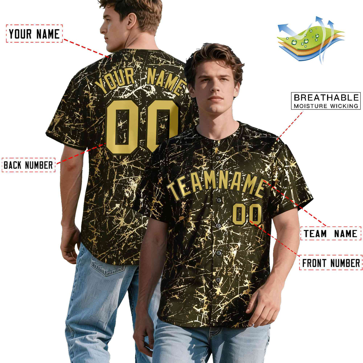 Custom Olive Old Gold Black&amp;Shiny Gold Cracked Foil Hip Hop Button Down Baseball Jersey