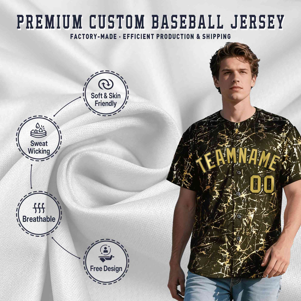 Custom Olive Old Gold Black&amp;Shiny Gold Cracked Foil Hip Hop Button Down Baseball Jersey