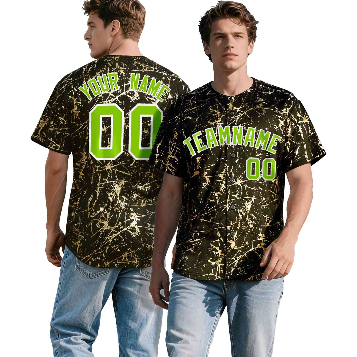Custom Olive Neon Green Metallic Gold Splatter Urban Streetwear Baseball Jersey