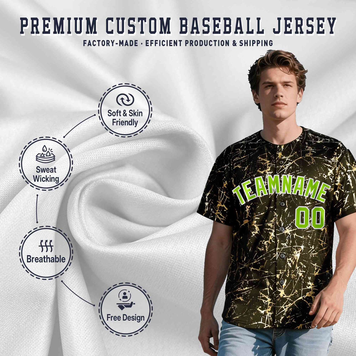 Custom Olive Neon Green Metallic Gold Splatter Urban Streetwear Baseball Jersey