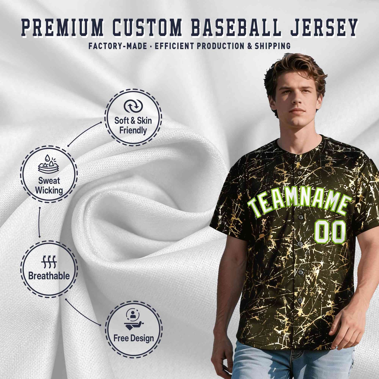Custom Olive White Black&Shiny Gold Cracked Foil Breathable Mesh Streetwear Baseball Jersey